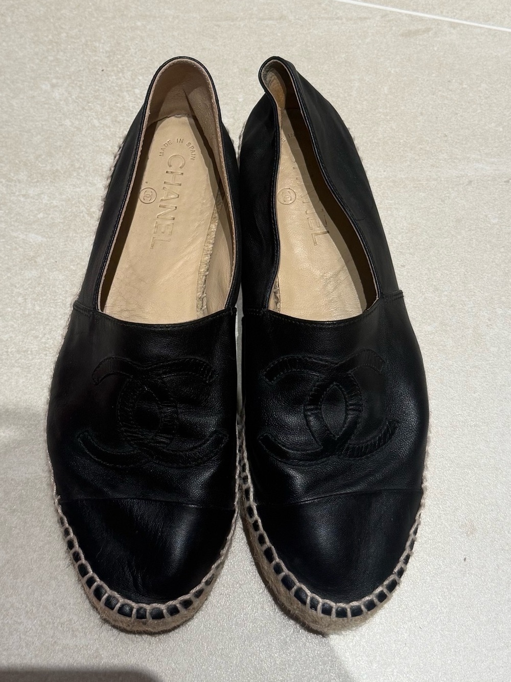 CHANEL Black Leather Espadrille Slip-Ons with CC Logo